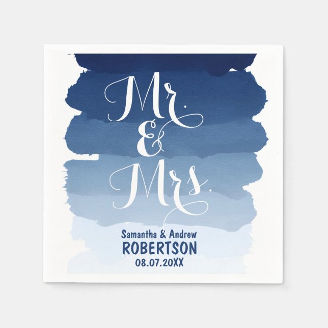 Blaue Streifen Aquarellfarben Ober Hochzeit Serviette (Vorderseite)