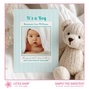 Blaue Streifen Baby Junge Foto Geburtsanzeige Einladung