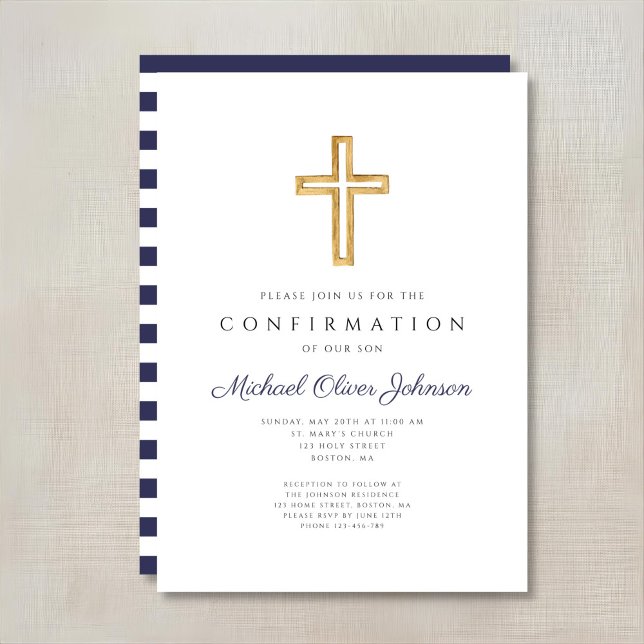 Blaue Streifen Bestätigung der religiösen Cross Bo Einladung (Navy Blue Stripes Religious Cross Boy Confirmation Invitation)