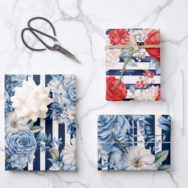 Blaue Streifen Blumengeburten Geschenkpapier Set (Vorderseite)