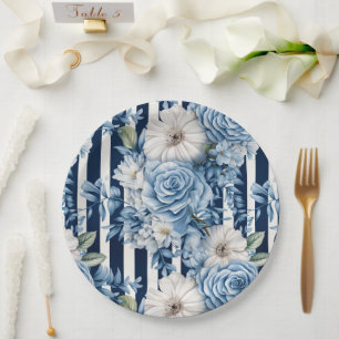 Blaue Streifen Blumenmuster Brautparty Pappteller