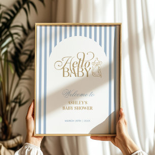 Blaue Streifen Bogen Vintage Babyparty Willkommens Poster