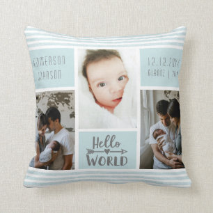 Blaue Streifen-Fotocollage Baby Junge Geburtsstati Kissen