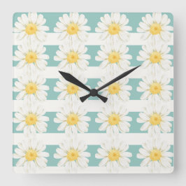 Blaue Streifen & Gänseblümchen Quadratische Wanduhr
