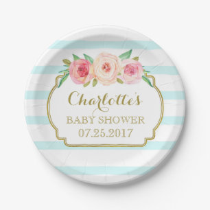 Blaue Streifen-Goldrosa-BlumenBabyparty-Platte Pappteller