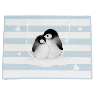 Blaue Streifen-Herz-graue Pinguin-Geschenk-Tasche Große Geschenktüte
