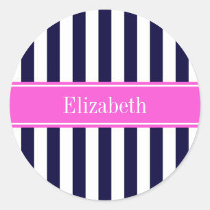 Blaue Streifen, Hot-Pink-Name Monogramm Runder Aufkleber