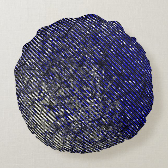 Blaue Streifen in ihren Farben und Formen beschädi Rundes Kissen (Rückseite)