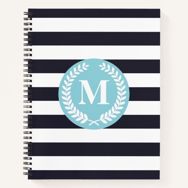 Blaue Streifen Laurel Wreath Monogram Notizbuch (Vorderseite)