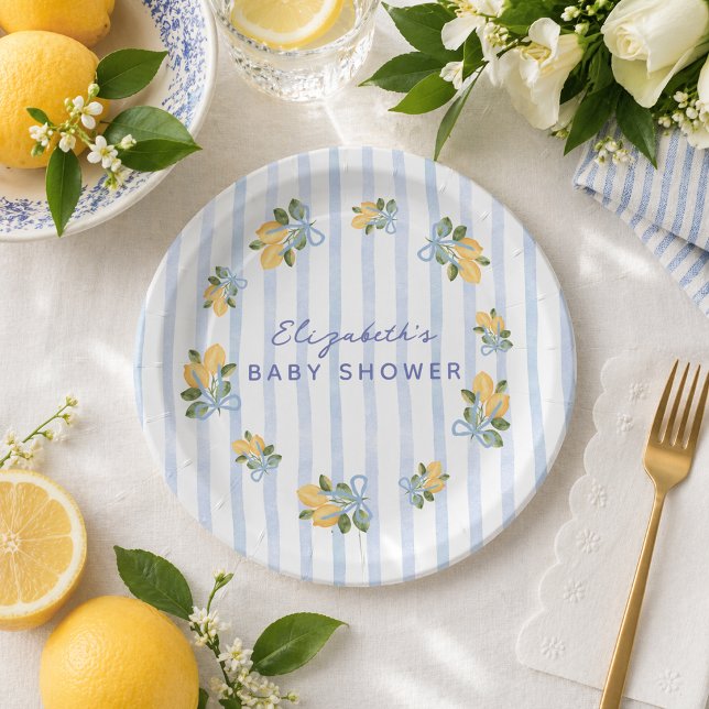 Blaue Streifen-Lemon Baby Shower Pappteller (Blue Stripe Lemon Baby Shower Paper Plates)
