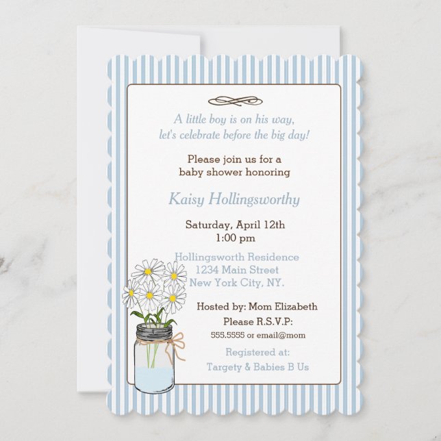 Blaue Streifen mit Mason Jar Baby Dusche Einladung (Vorderseite)