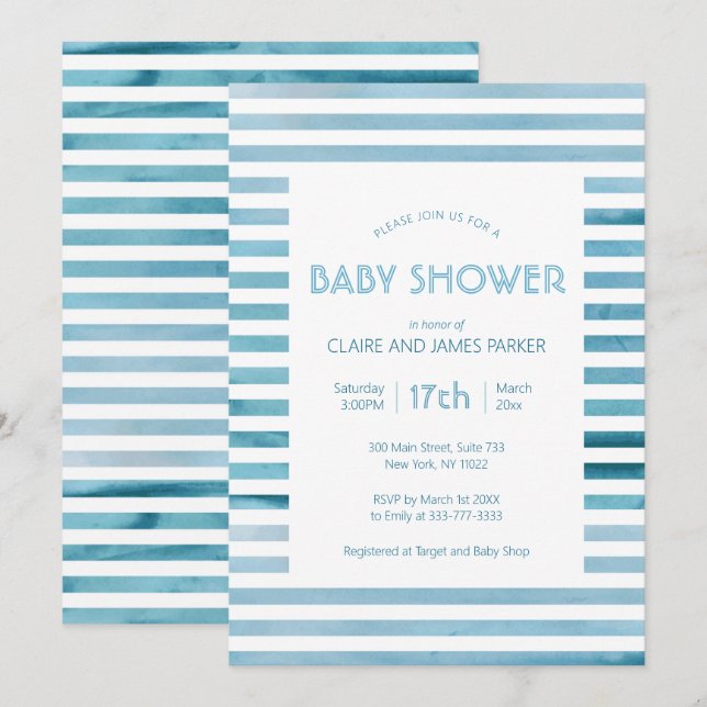 Blaue Streifen mit Wasserfarbe Einfache Babydusche Einladung (Vorne/Hinten)