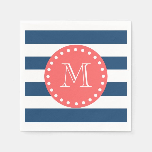 Blaue Streifen-Muster, Korallenmonogramm Serviette (Vorderseite)