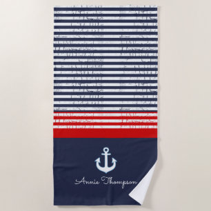 Blaue Streifen + Name und nautischer Anker Strandtuch