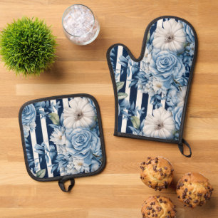 Blaue Streifen Ofenhandschuh & Topflappen-Set