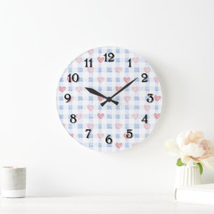 Blaue Streifen rosa Herzen Große Wanduhr