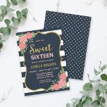 Blaue Streifen, rosa Rosen Rosen Sweet 16 Einladun Einladung<br><div class="desc">Dem Geburtstagsmädchen ein Party zu werfen, um das 16. Lebensjahr zu feiern? Freuen Sie sich auf die hübsche 16 . Geburtstag-Einladung mit einem Imitat mit goldenen Rahmen, blauen und weißen Streifen, rosa Rosen und einer gemusterten Rückseite. Personalisieren Sie es, indem Sie den Platzhalter-Text ersetzen. Für weitere Optionen, wie zum Beispiel...</div>