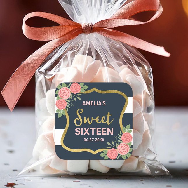 Blaue Streifen, rosa Rosen, süß 16 Quadratischer Aufkleber (Von Creator hochgeladen)