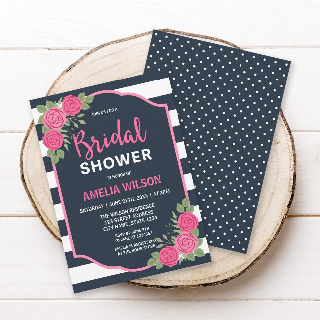 Blaue Streifen Rosenrosen Brautparty Einladung (Von Creator hochgeladen)