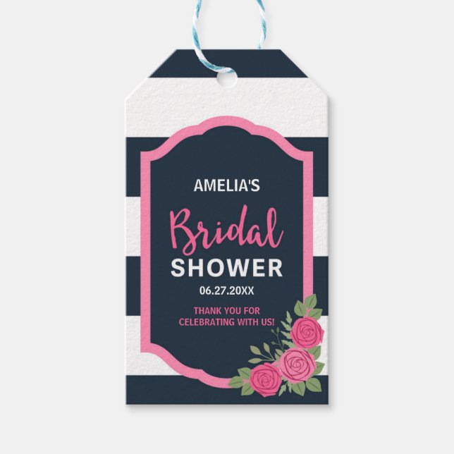 Blaue Streifen Rosenrosen Brautparty Geschenkanhänger (Vorderseite)