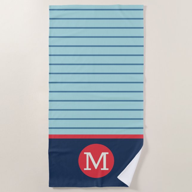 Blaue Streifen Rotes Monogramm Maskuline Strandtuch (Vorderseite)