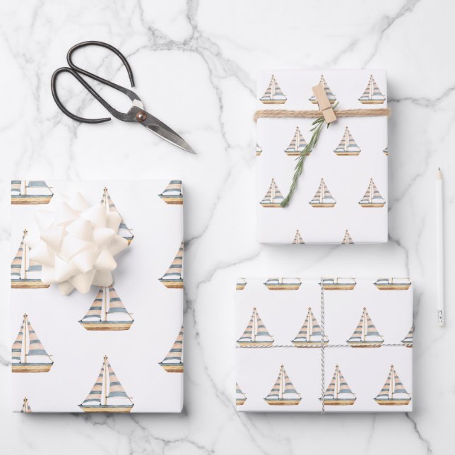 Blaue Streifen Sailboat Geschenkpapier Set (Vorderseite)