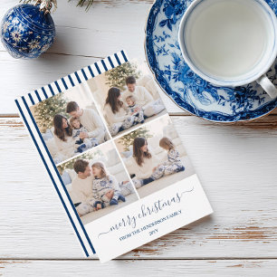 Blaue Streifen-Schleifen-Familie 4-Foto-Weihnachte Feiertagskarte