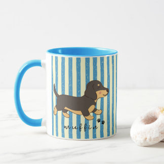 Blaue Streifen Schwarzbrauner Dachshund-Name Tasse