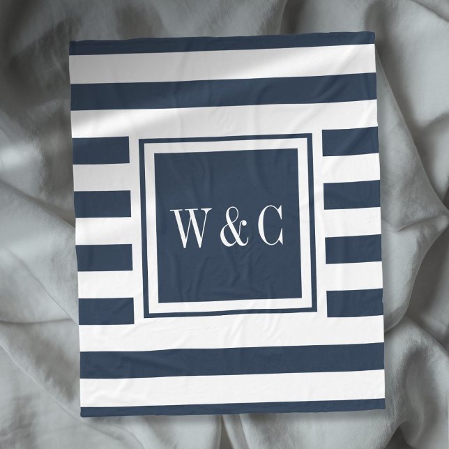 Blaue Streifen Trendy Monogram Fleecedecke (Navy Blue White Stripe Trendy Monogram Fleece Blanket)