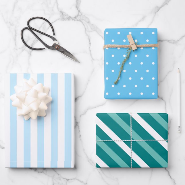 Blaue Streifen und Punkte Geschenkpapier Set (Vorderseite)