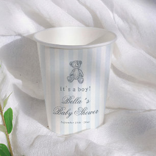 Blaue Streifen Vintage Teddybär Jungen-Baby-Party Pappbecher