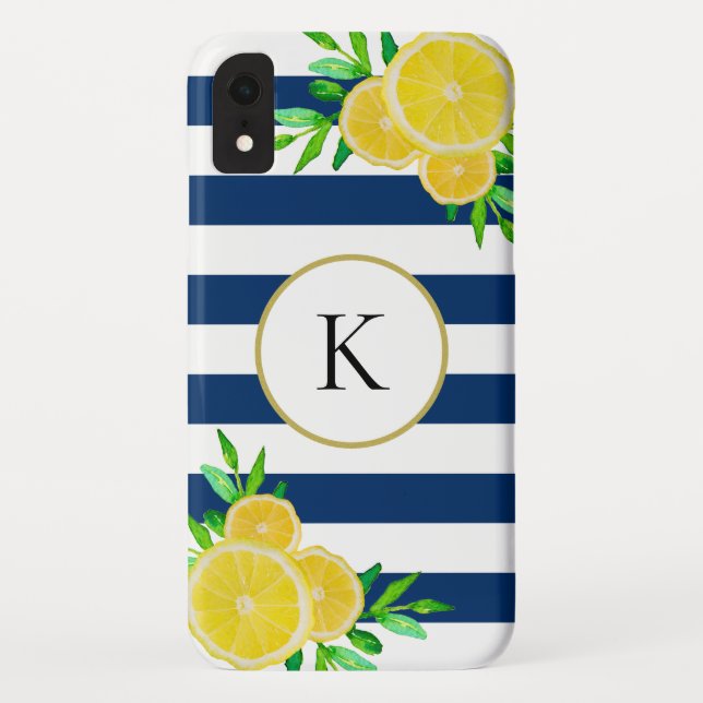 Blaue Streifen Wasserfarbe Sommerlemon Monogramm Case-Mate iPhone Hülle (Rückseite)
