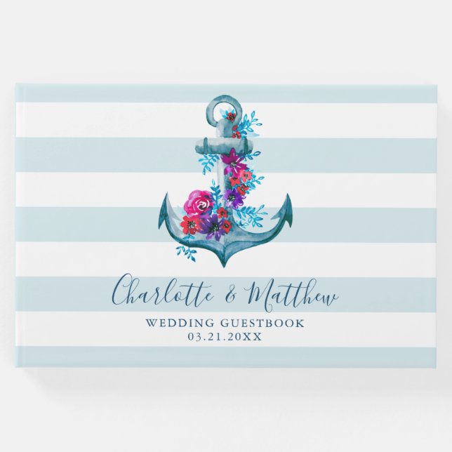 Blaue Streifen Wasserfarbenanker Hochzeit Gästebuch (Vorderseite)