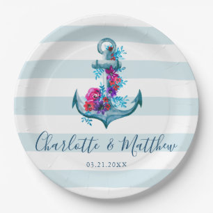 Blaue Streifen Wasserfarbenanker Hochzeit Pappteller