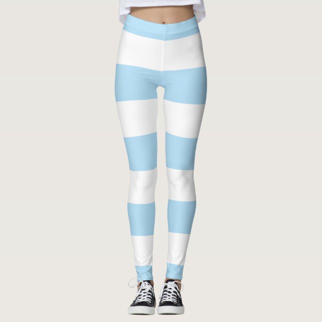Blaue Streifen, weiße Streifen, gestreiftes Muster Leggings (Vorderseite)
