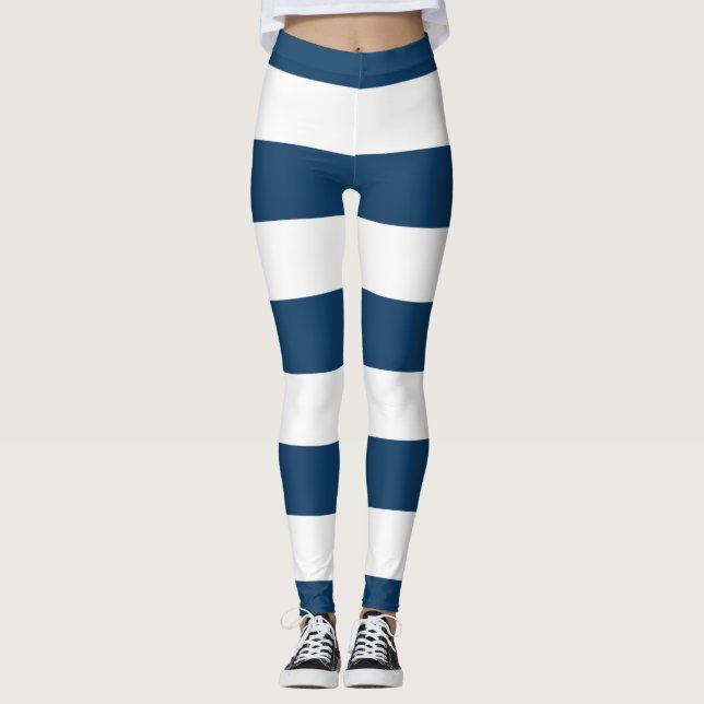 Blaue Streifen, weiße Streifen, gestreiftes Muster Leggings (Vorderseite)