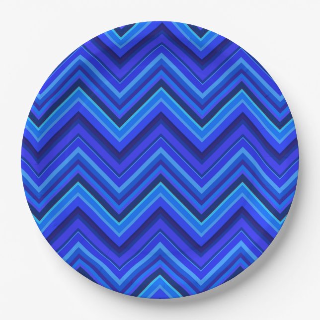 Blaue Streifen Zickzack-Muster Pappteller (Vorderseite)