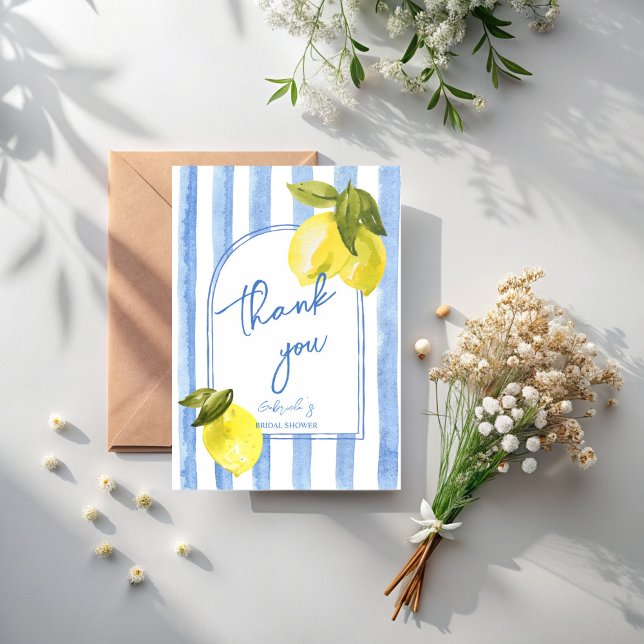 Blaue Streifen-Zitronen-Brautparty Dankeskarte (Handrawn blue stripes lemons la dolce vita Italian bridal shower thank you cards)