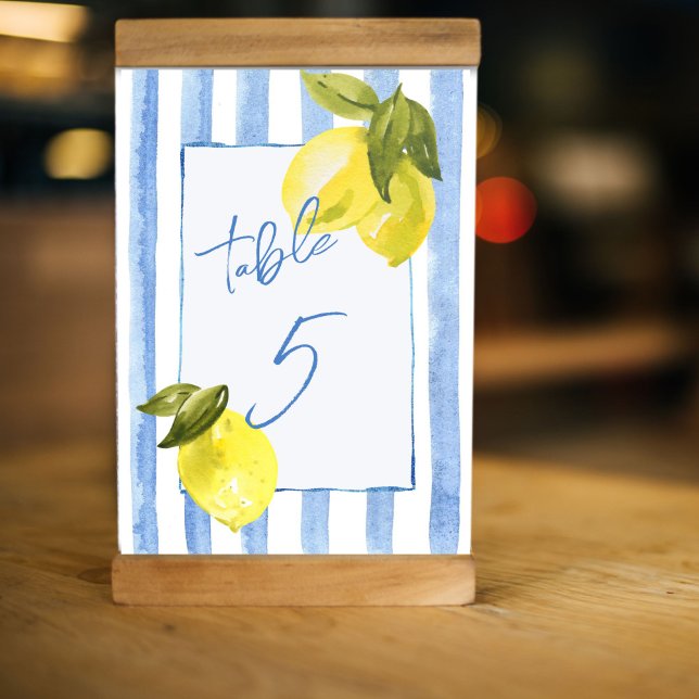 Blaue Streifen-Zitronen-Brautparty Tischnummer (Handrawn blue stripes and lemons Italian themed bridal shower wedding personalized table number card)