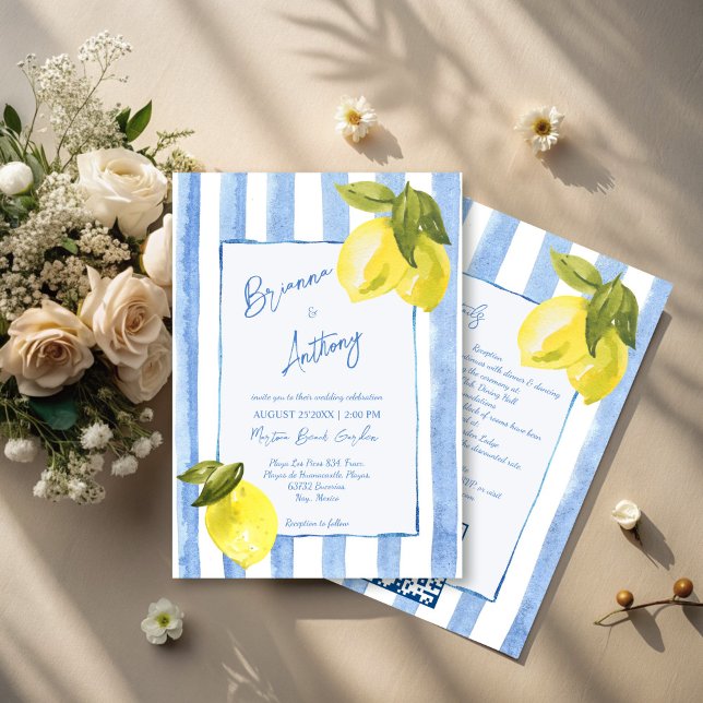 Blaue Streifen Zitronen Italienische Hochzeit Einladung (Handrawn blue stripes lemons Italian wedding Invitation cards with RSVP template instant download)