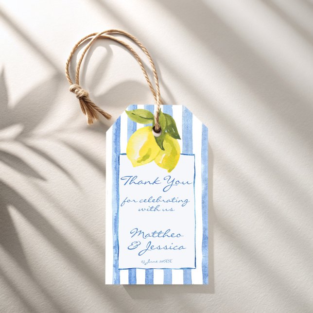 Blaue Streifen Zitronen Italienische Hochzeit Geschenkanhänger (Handrawn blue stripes lemons Italian wedding favor Gift Tags personalized favor tags)
