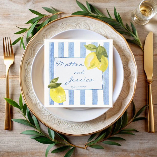 Blaue Streifen Zitronen Italienische Hochzeit Serviette (Handrawn blue stripes lemons Italian wedding monogrammed Napkins personalized decor printed napkins)