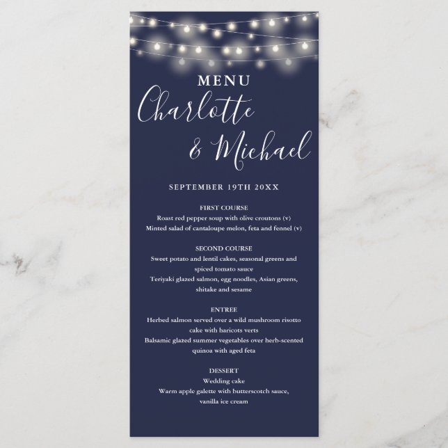 Blaue String-Lichter-Signatur-Hochzeitmenü Menükarte (Vorderseite)