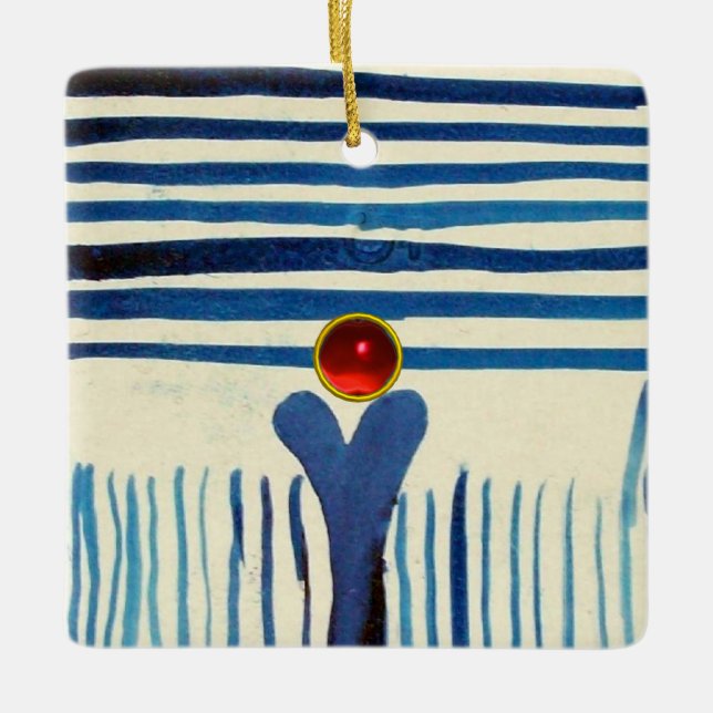 BLAUE STRIPEN & RED RUBY KERAMIKORNAMENT (Vorderseite)