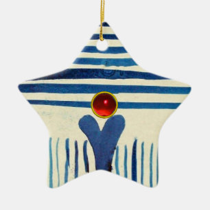 BLAUE STRIPEN UND ROTE RUBY STAR KERAMIK ORNAMENT