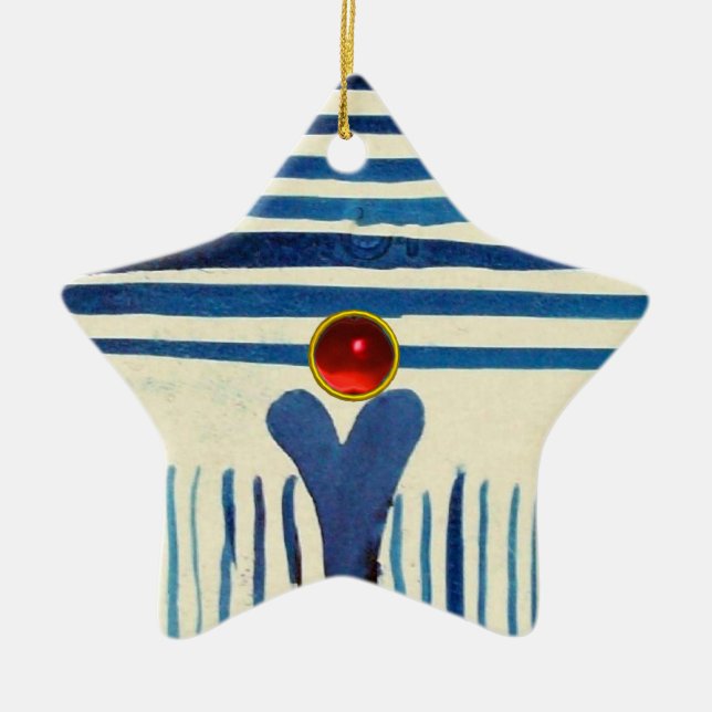 BLAUE STRIPEN UND ROTE RUBY STAR KERAMIK ORNAMENT (Vorne)