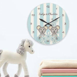 Blaue süße Baby-Koala-Zwillinge-Nursery / Kinderzi Große Wanduhr