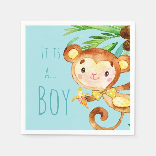 Blaue süße Monkey Baby Boy Ankündigung 2 Serviette (Vorderseite)