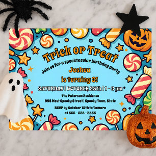 Blaue Süßigkeiten zum Trick-or-Treat-Kindergeburts Einladung