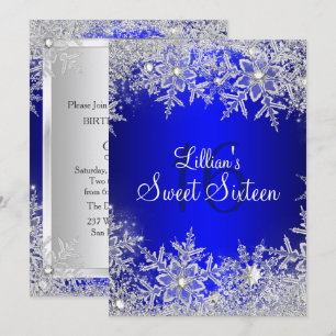 Blaue Sweet 16 Schneeflocke Winter Wonderland Einladung